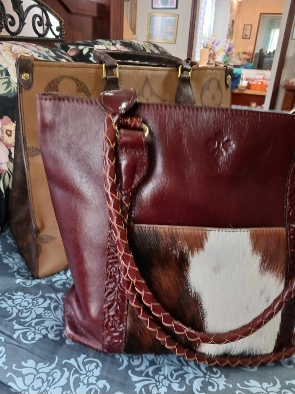 Braided Leather Tote with Cowhide Accent - Burgundy